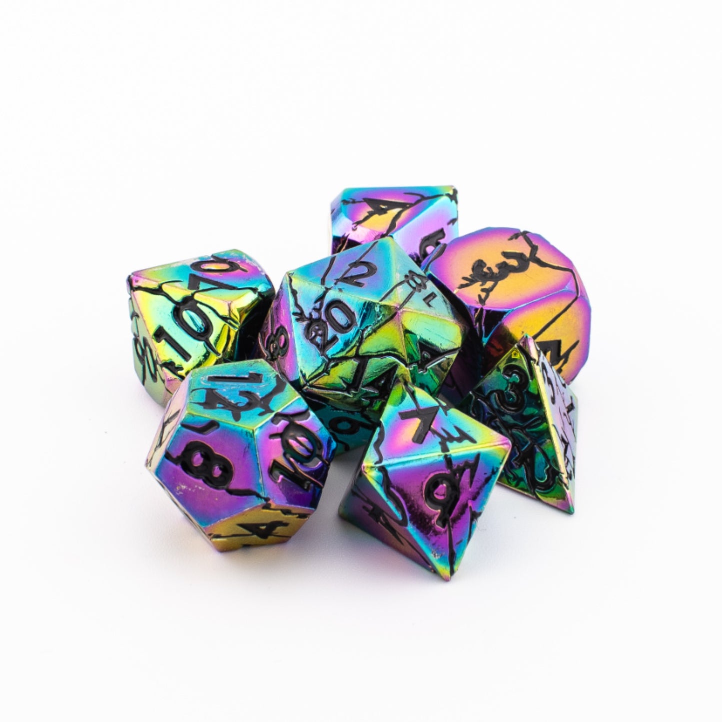 Tabletop Dominion Synthwave Nexus metal dice arranged together with an iridescent rainbow finish and black numbering.