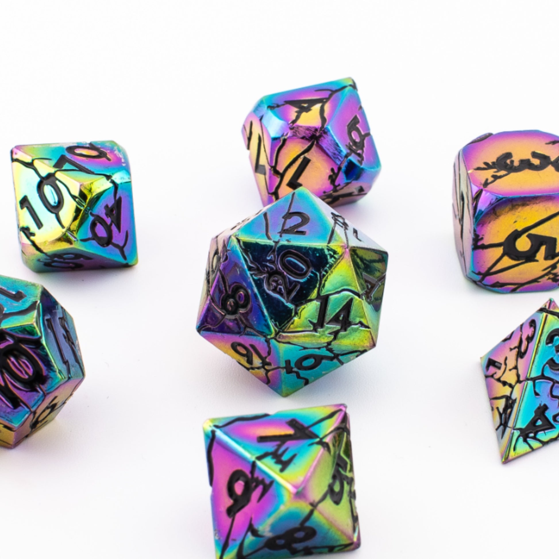 Tabletop Dominion Synthwave Nexus metal dice spread out with an iridescent rainbow finish and black numbering.