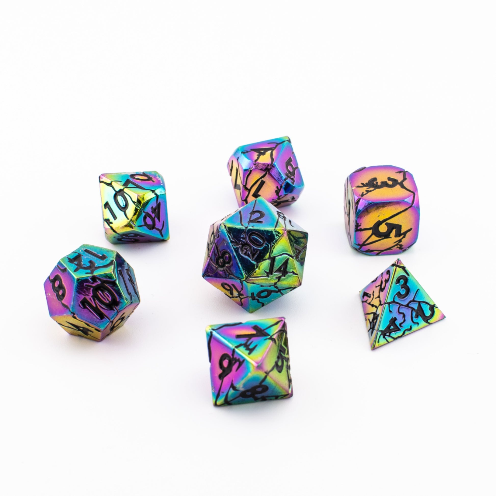 Tabletop Dominion Synthwave Nexus metal dice spread out with an iridescent rainbow finish and black numbering.