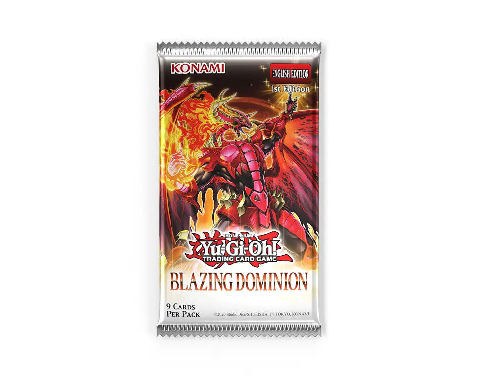 Yu‑Gi‑Oh! Blazing Dominion booster pack featuring fiery character artwork and 1st Edition English‑language packaging.