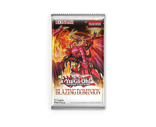 Yu‑Gi‑Oh! Blazing Dominion booster pack featuring fiery character artwork and 1st Edition English‑language packaging.