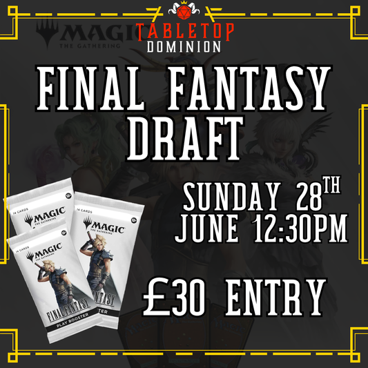 Promotional poster for a Final Fantasy–themed Magic: The Gathering draft night event featuring artwork, event details, and booster pack imagery.