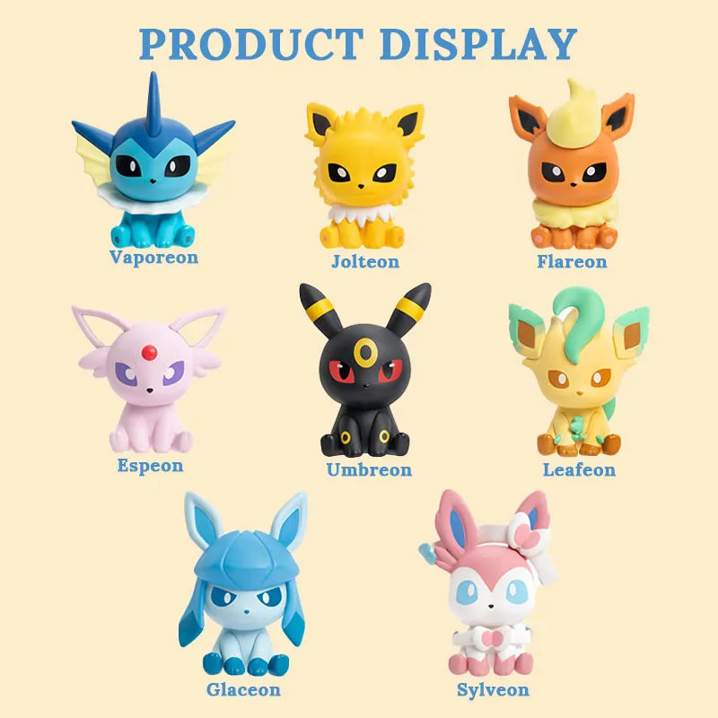 Grid display of eight Eeveelutions figurines—Vaporeon, Jolteon, Flareon, Espeon, Umbreon, Leafeon, Glaceon, and Sylveon—shown as small collectible models.