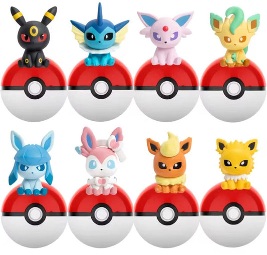 Set of eight Eeveelutions figurines sitting on Poké Balls, including Umbreon, Vaporeon, Espeon, Leafeon, Glaceon, Sylveon, Flareon, and Jolteon.