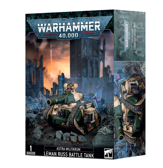 Warhammer 40,000 Astra Militarum Leman Russ Battle Tank box showing a green armoured tank miniature.