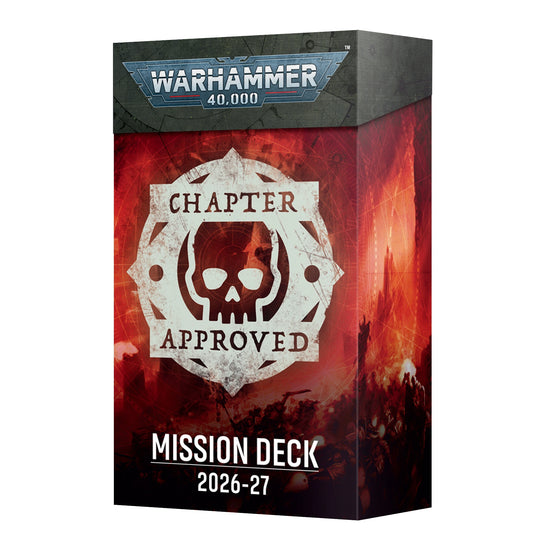 Warhammer 40,000 Chapter Approved Mission Deck 2026–27 box with metallic top and red skull emblem.