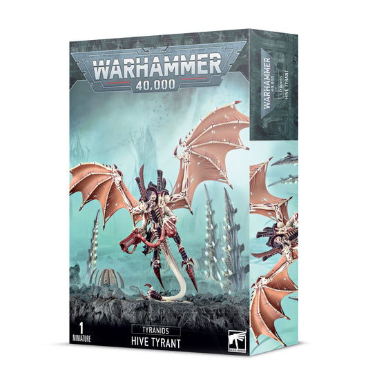 Tyranids Hive Tyrant Warhammer 40,000 box showing a winged alien creature miniature.