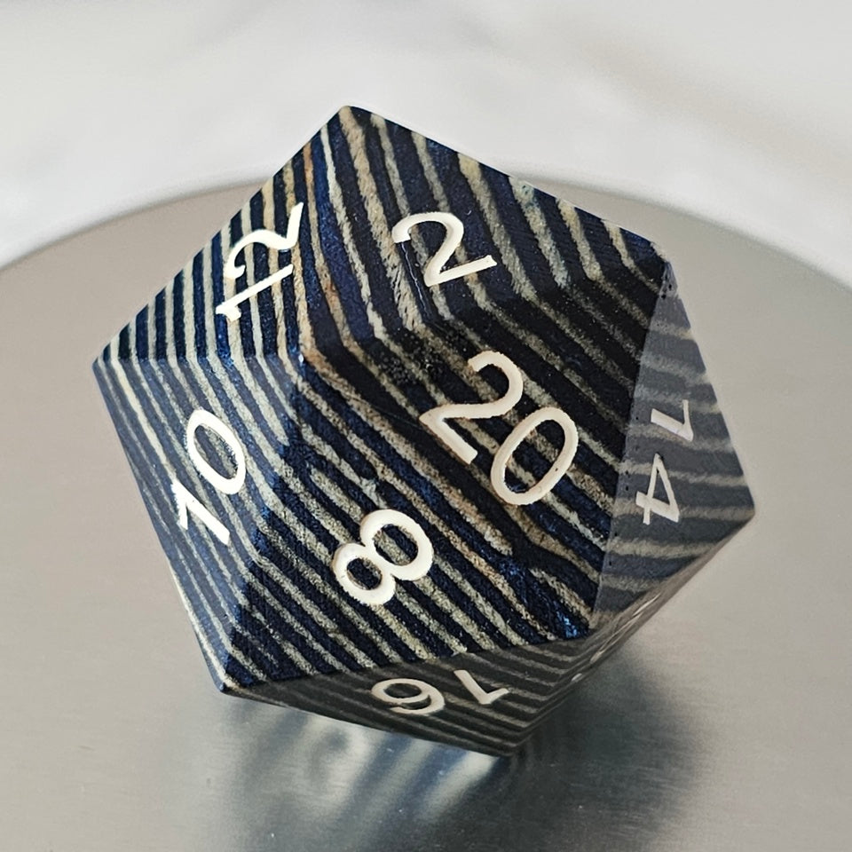 Blue & White Technical Wood | Wooden D20 Chonk | Large D20 | 33mm