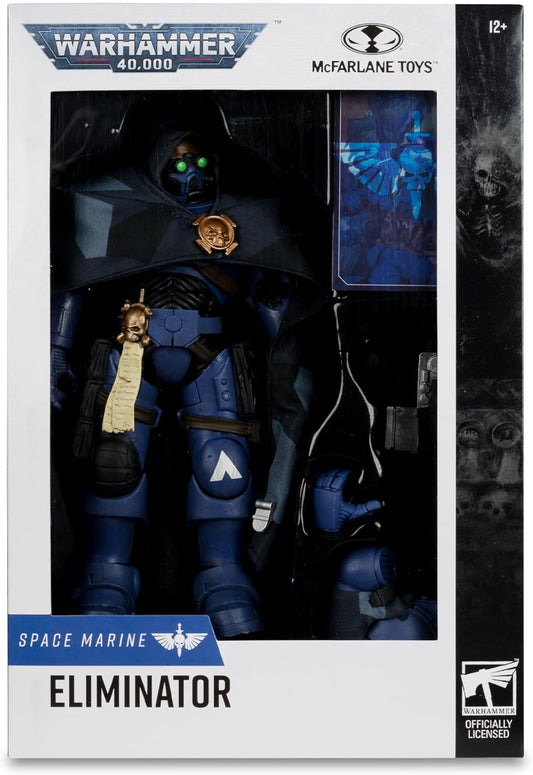 Warhammer 40,000 McFarlane Space Marine Eliminator action figure painted in blue armour with cloak and detailed accessories.