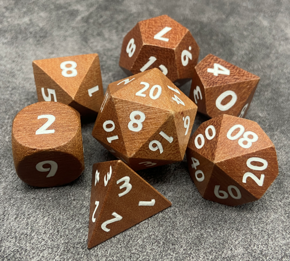 Red Sandalwood with White Ink | Wooden Dice | 7 Piece Set