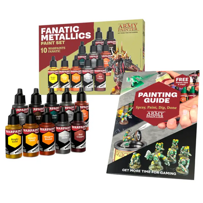 Images of the packaging and included items within the The Army Painter | Warpaints Fanatic Metallics Paint Set product