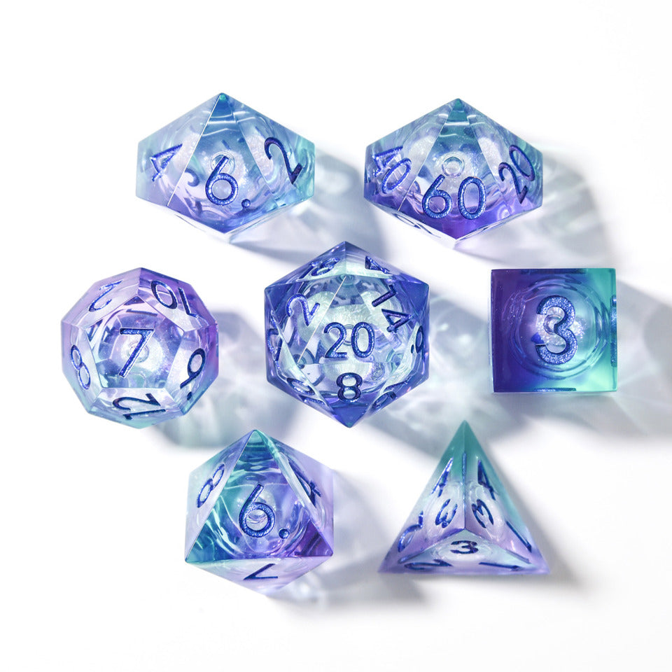 Jester Sharp Edge Resin DnD Dice Set Liquid Core Jester Purple Blue Metallic Numbering - For Dungeons and Dragons - Gift Set