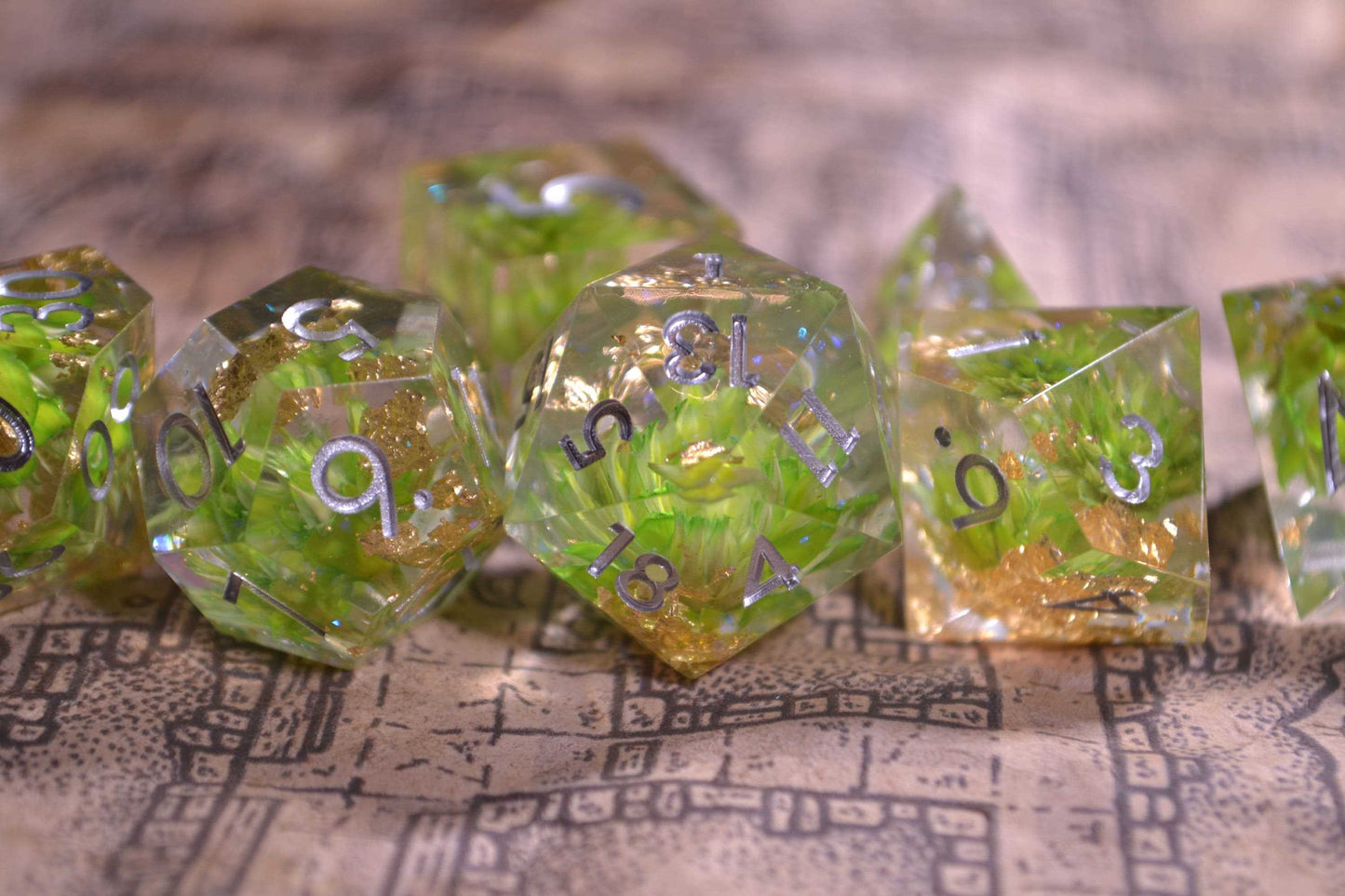 Transmutation Green Flowers, Gold Flake Sharp Edge Resin D&D Dice Set With Silver Numbering - For Dungeons and Dragons - Gift Set