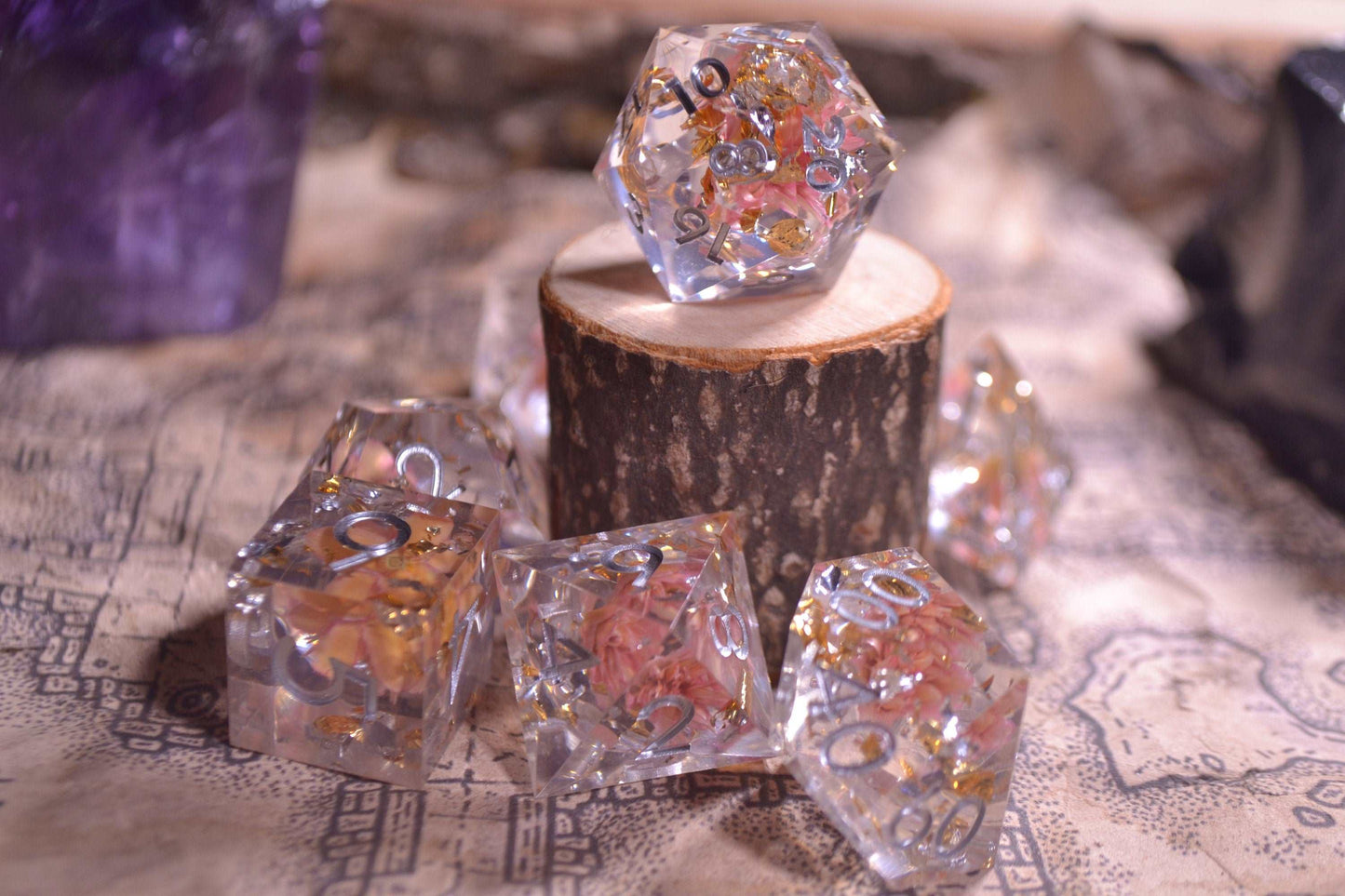 Charmed Pink Flowers, Gold Flake Sharp Edge Resin D&D Dice Set With Silver Numbering - For Dungeons and Dragons - Gift Set