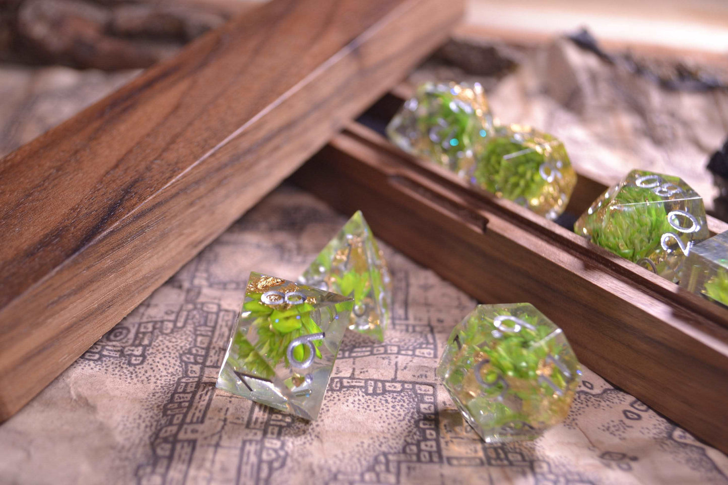 Transmutation Green Flowers, Gold Flake Sharp Edge Resin D&D Dice Set With Silver Numbering - For Dungeons and Dragons - Gift Set