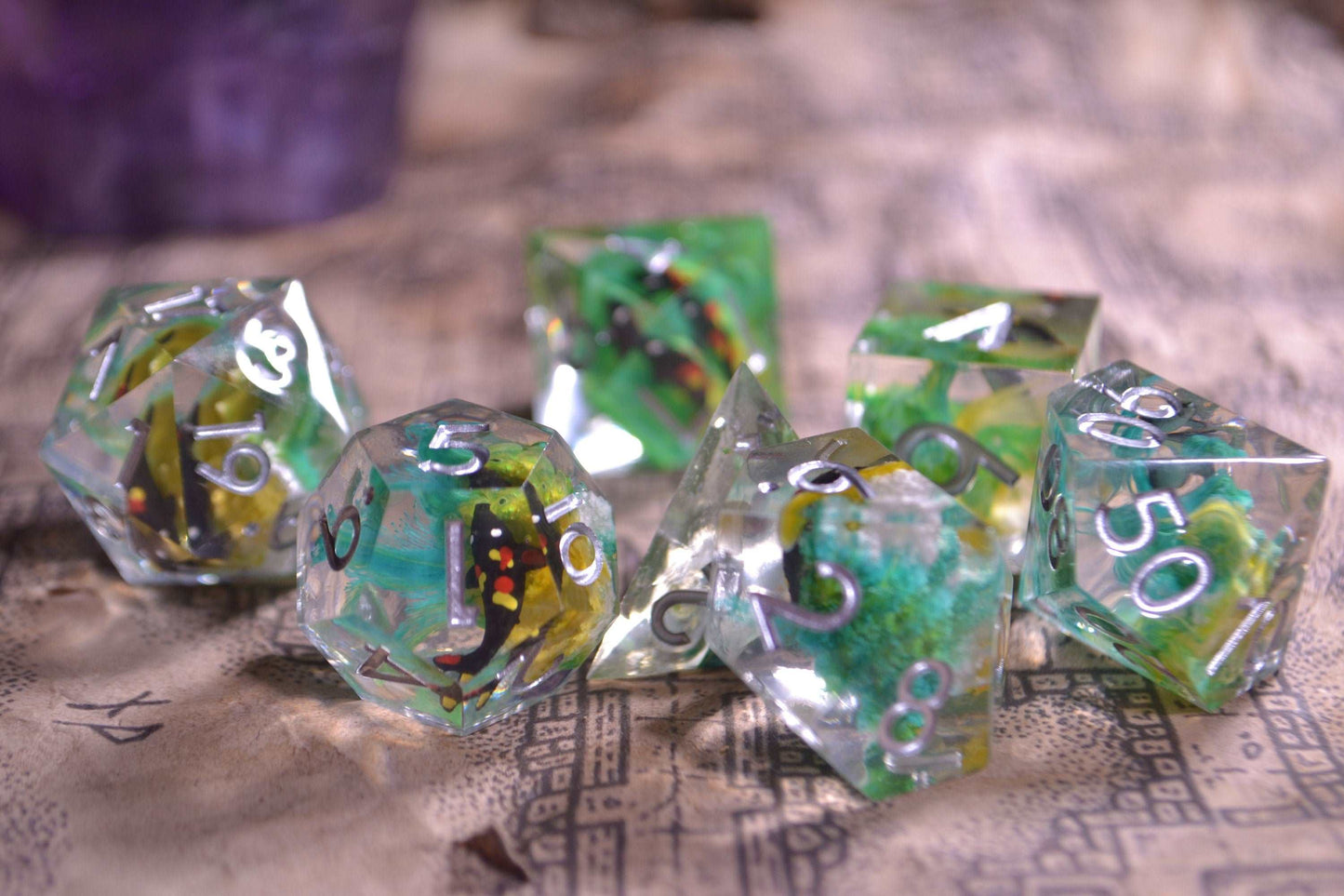 Blackwater Koi Green, Black, Yellow Sharp Edge Resin D&D Dice Set With Silver Numbering - For Dungeons and Dragons - Gift Set