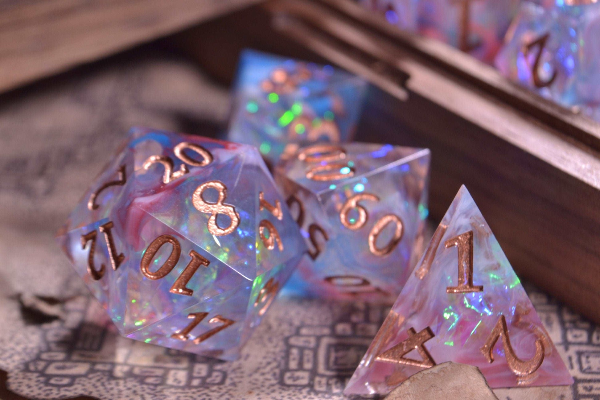 Sharp Edge DnD Pastel Dice Set -  Pastel Pink and Blue - Rose Gold Numbering - Dungeons and Dragons - Gift Set