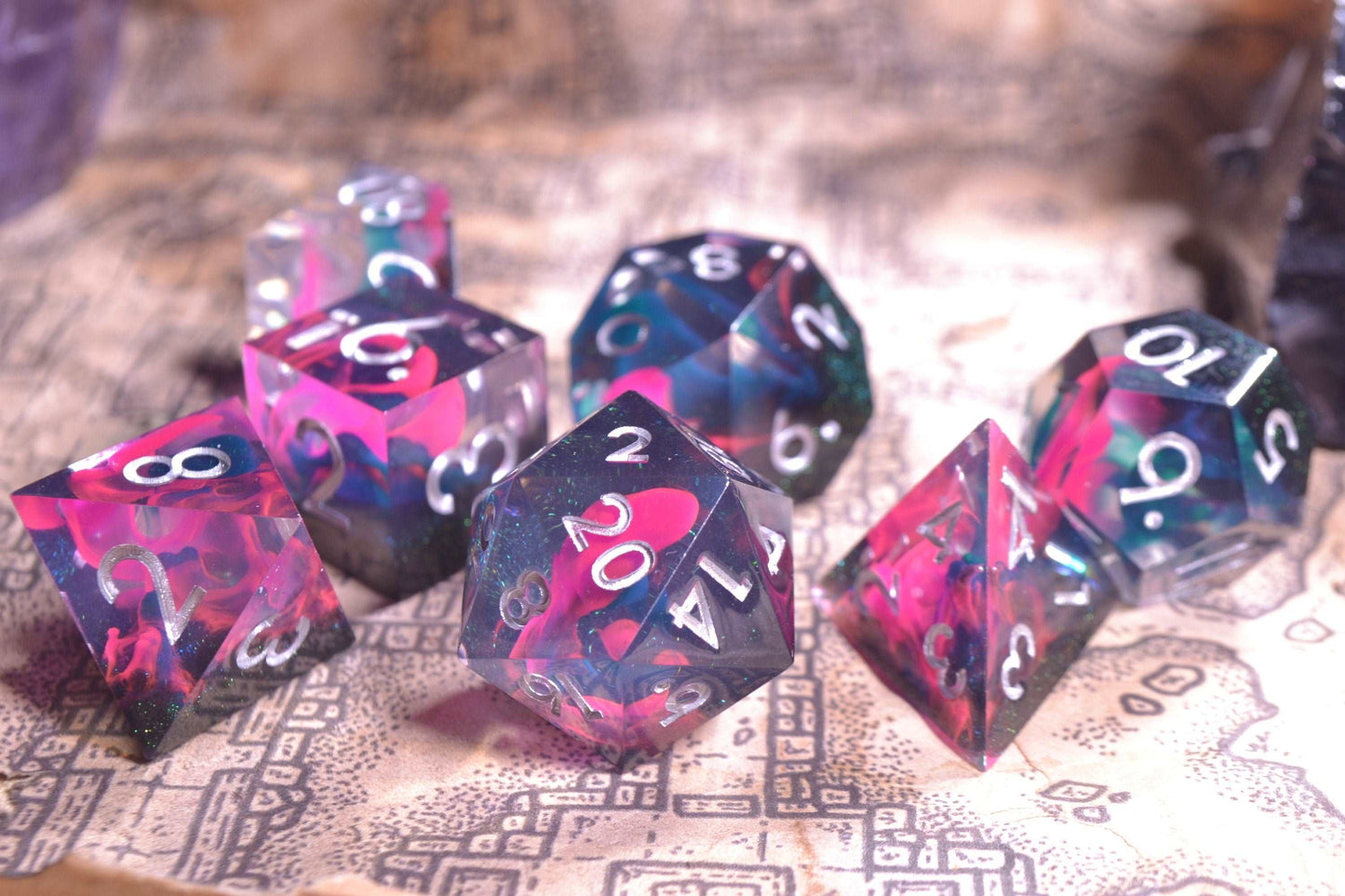 Far Realm Pink, Green, Black Sharp Edge Resin D&D Dice Set With Silver Numbering - For Dungeons and Dragons - Gift Set