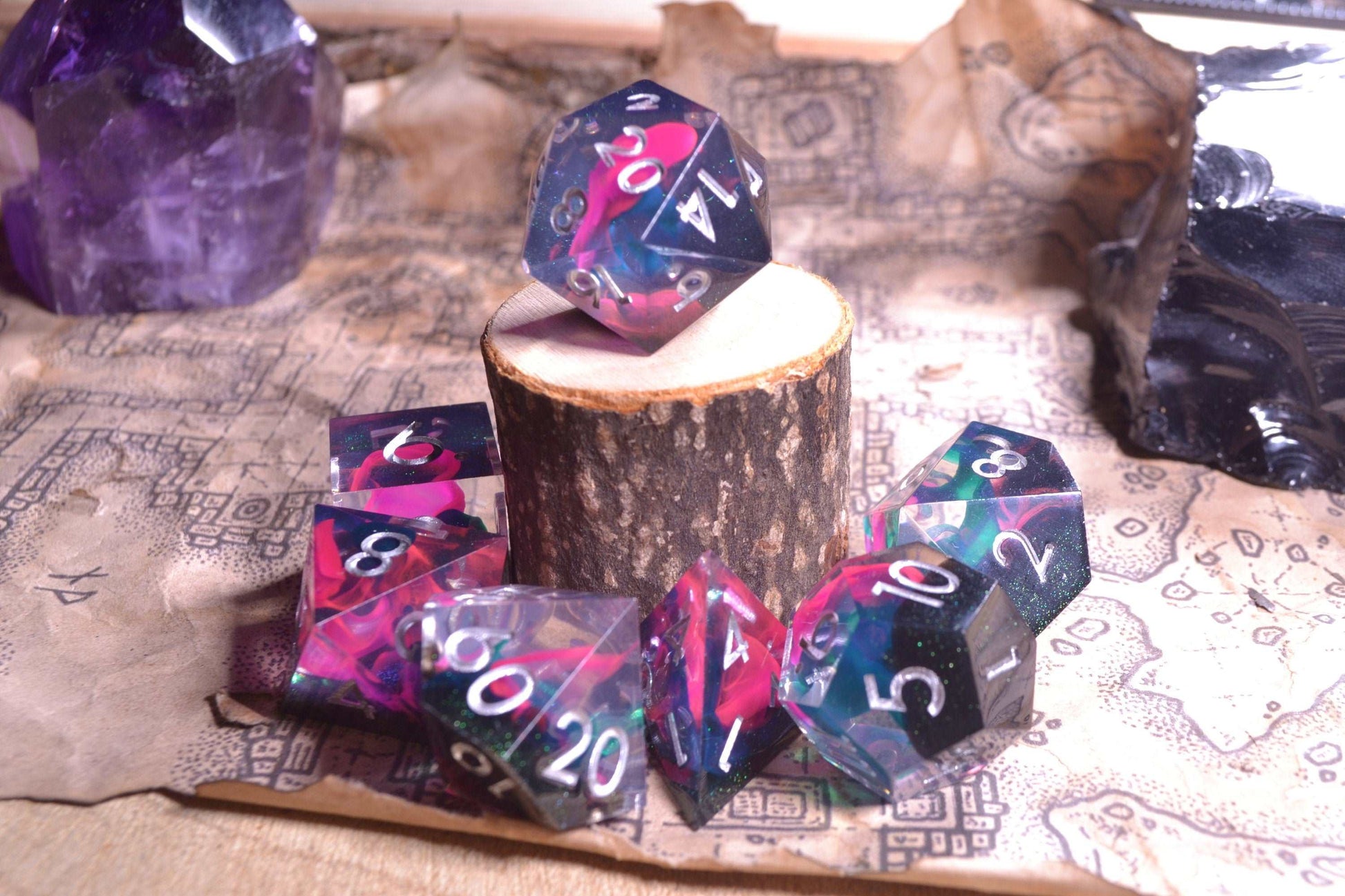 Far Realm Pink, Green, Black Sharp Edge Resin D&D Dice Set With Silver Numbering - For Dungeons and Dragons - Gift Set