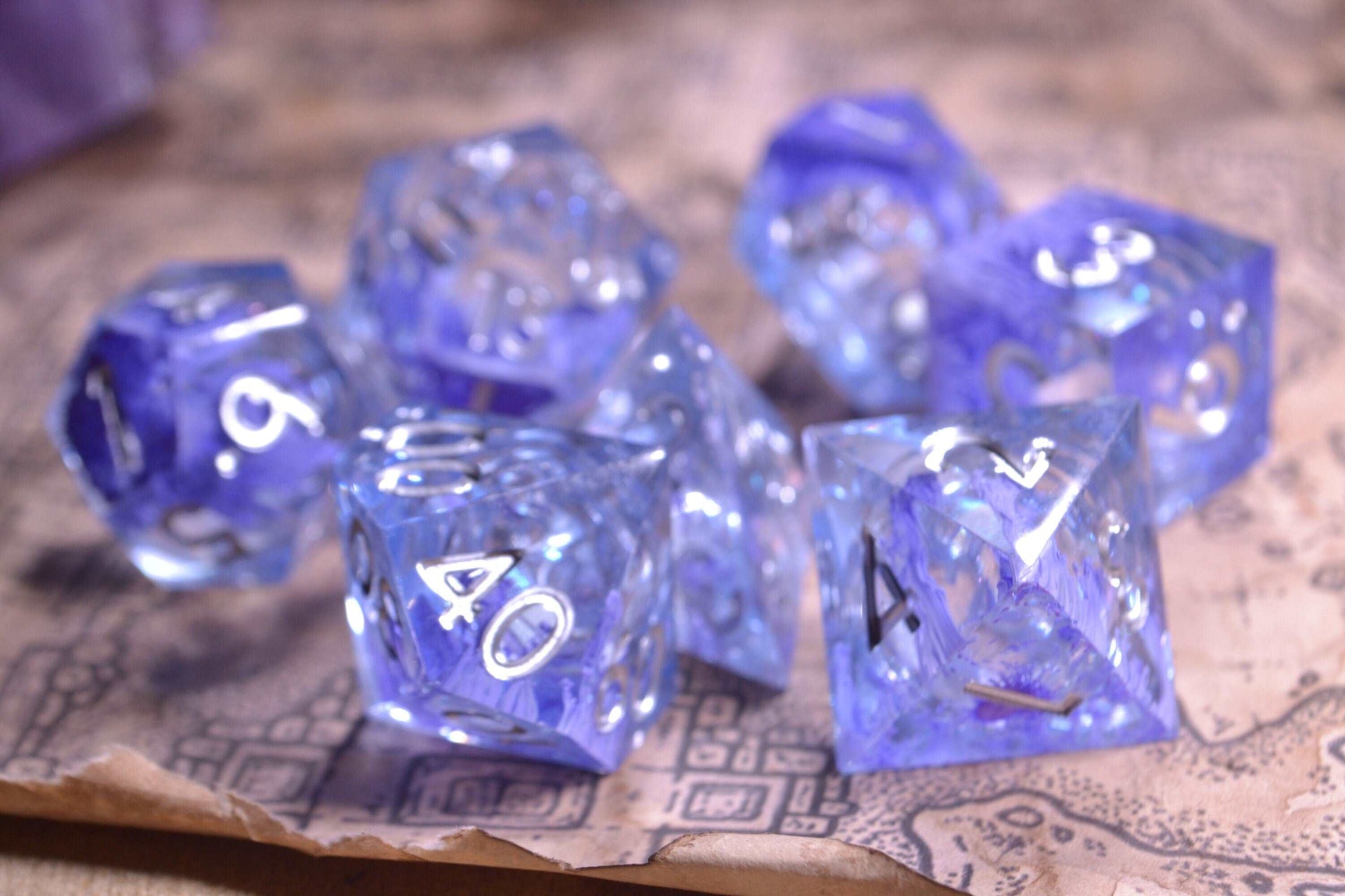 Sharp Edge Resin Liquid Core DnD Dice Set - Fae Ink Purple Silver Metallic Numbers - For Dungeons and Dragons - Gift Set