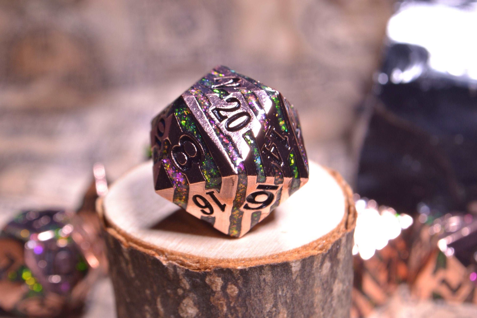 Alchemist - Copper Metal D&D Dice Set With purple and green resin stripes and Engraved Numbering - For Dungeons and Dragons - Gift Set