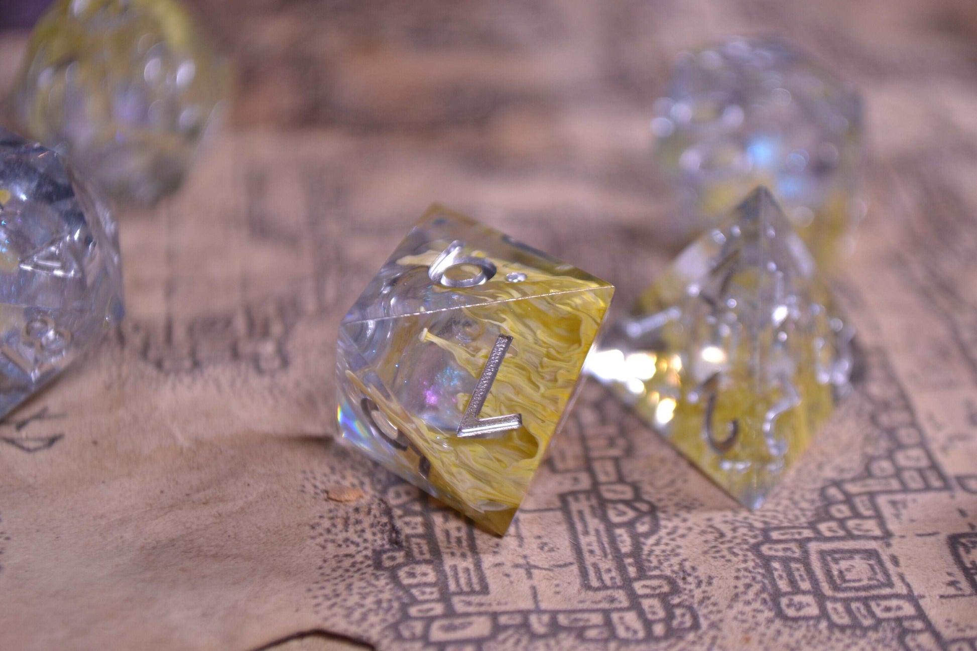 Enchanted Grace Yellow Liquid Core Sharp Edge Resin D&D Dice Set With Silver Numbering - For Dungeons and Dragons - Gift Set