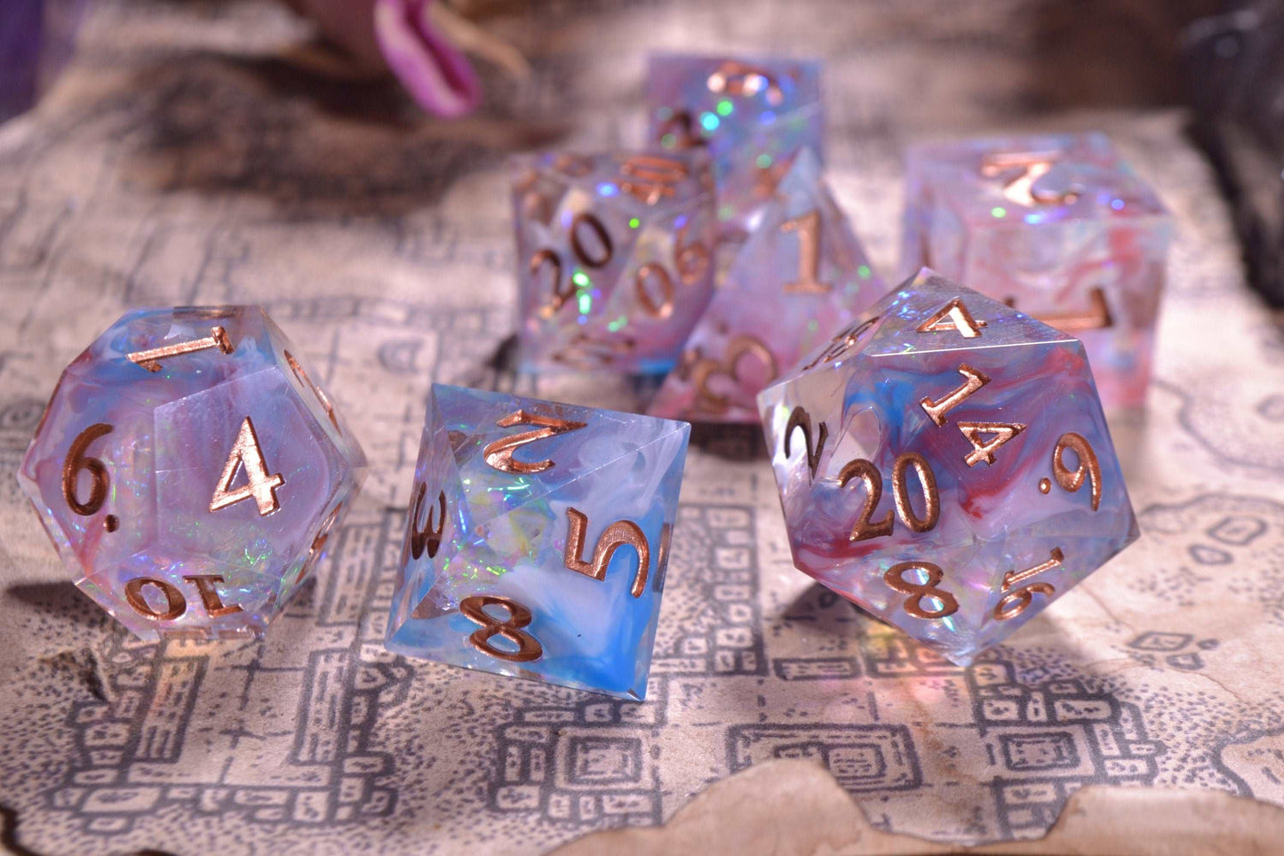 Sharp Edge DnD Pastel Dice Set -  Pastel Pink and Blue - Rose Gold Numbering - Dungeons and Dragons - Gift Set