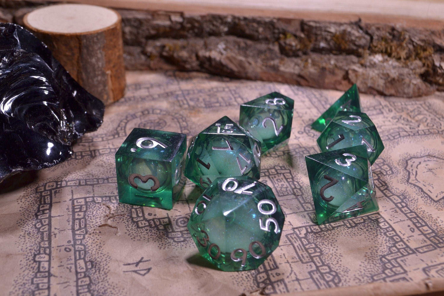 Eldritch Fae Green Sharp Edge Liquid Core Resin D&D Dice Set With Metallic Silver Numbering - For Dungeons and Dragons - Gift Set