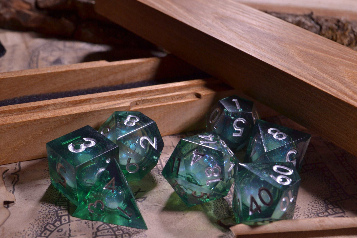 Eldritch Fae Green Sharp Edge Liquid Core Resin D&D Dice Set With Metallic Silver Numbering - For Dungeons and Dragons - Gift Set