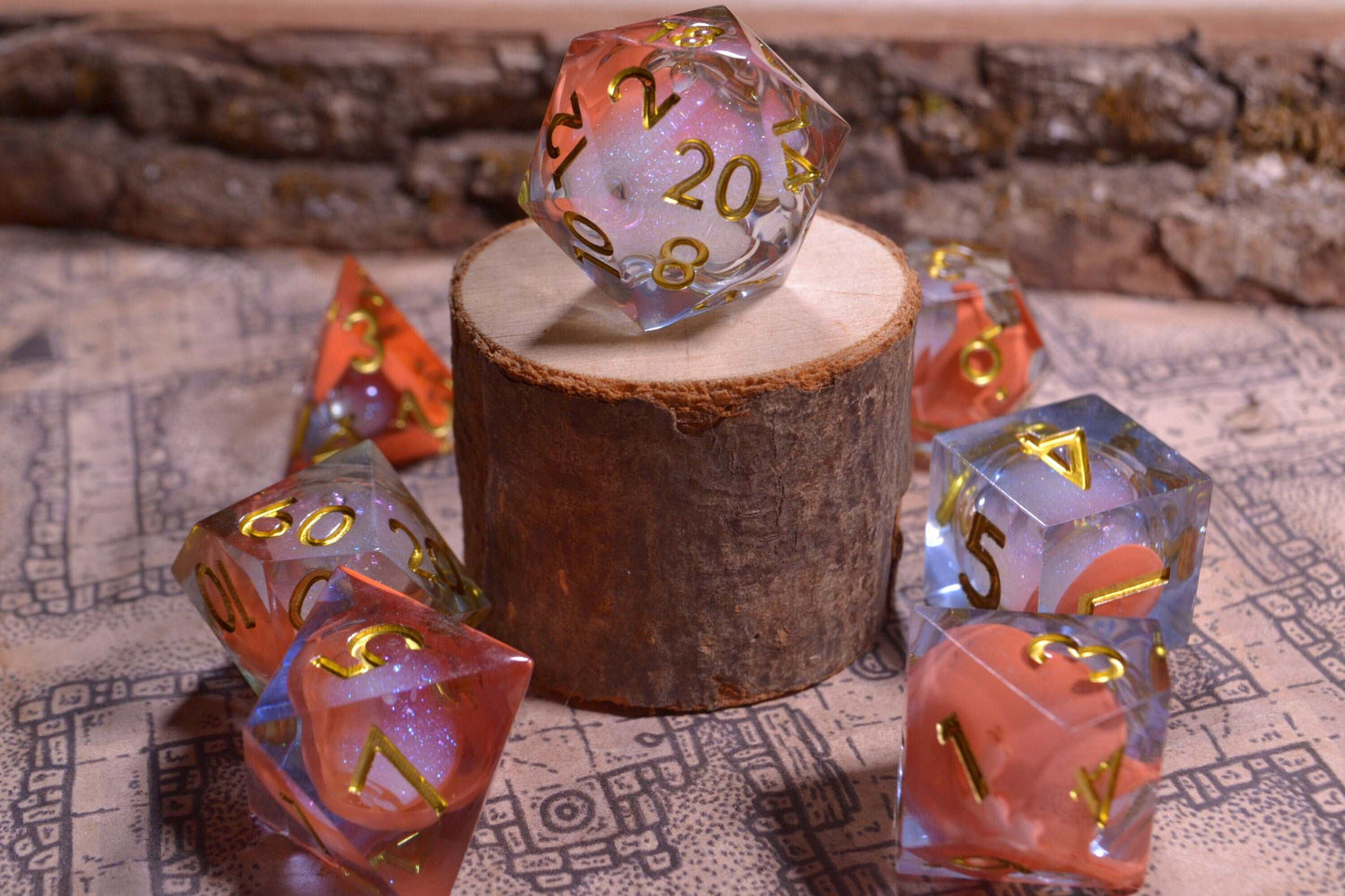 Fae Court Orange Sharp Edge Liquid Core Resin D&D Dice Set With Metallic Gold Numbering - For Dungeons and Dragons - Gift Set