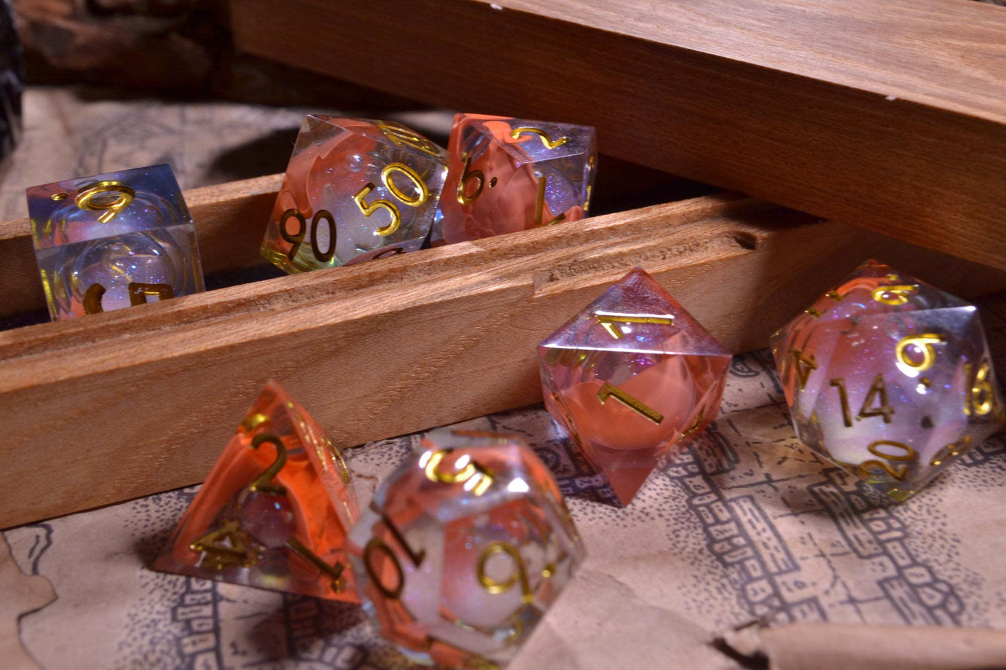 Fae Court Orange Sharp Edge Liquid Core Resin D&D Dice Set With Metallic Gold Numbering - For Dungeons and Dragons - Gift Set