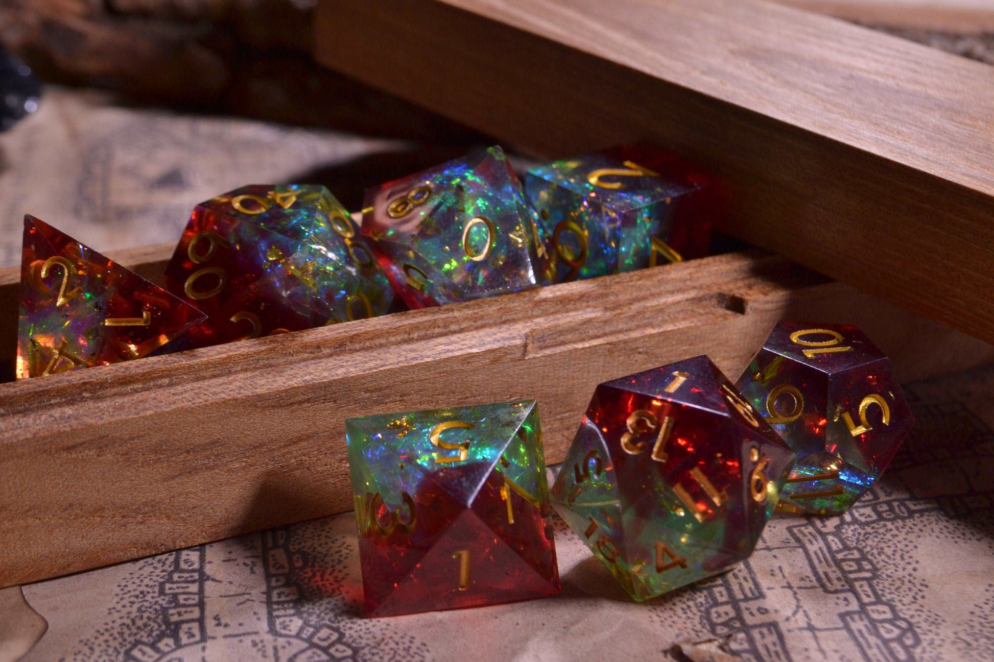 Fae Scorn Red and Green Sharp Edge Resin D&D Dice Set With Gold Numbering - For Dungeons and Dragons - Gift Set