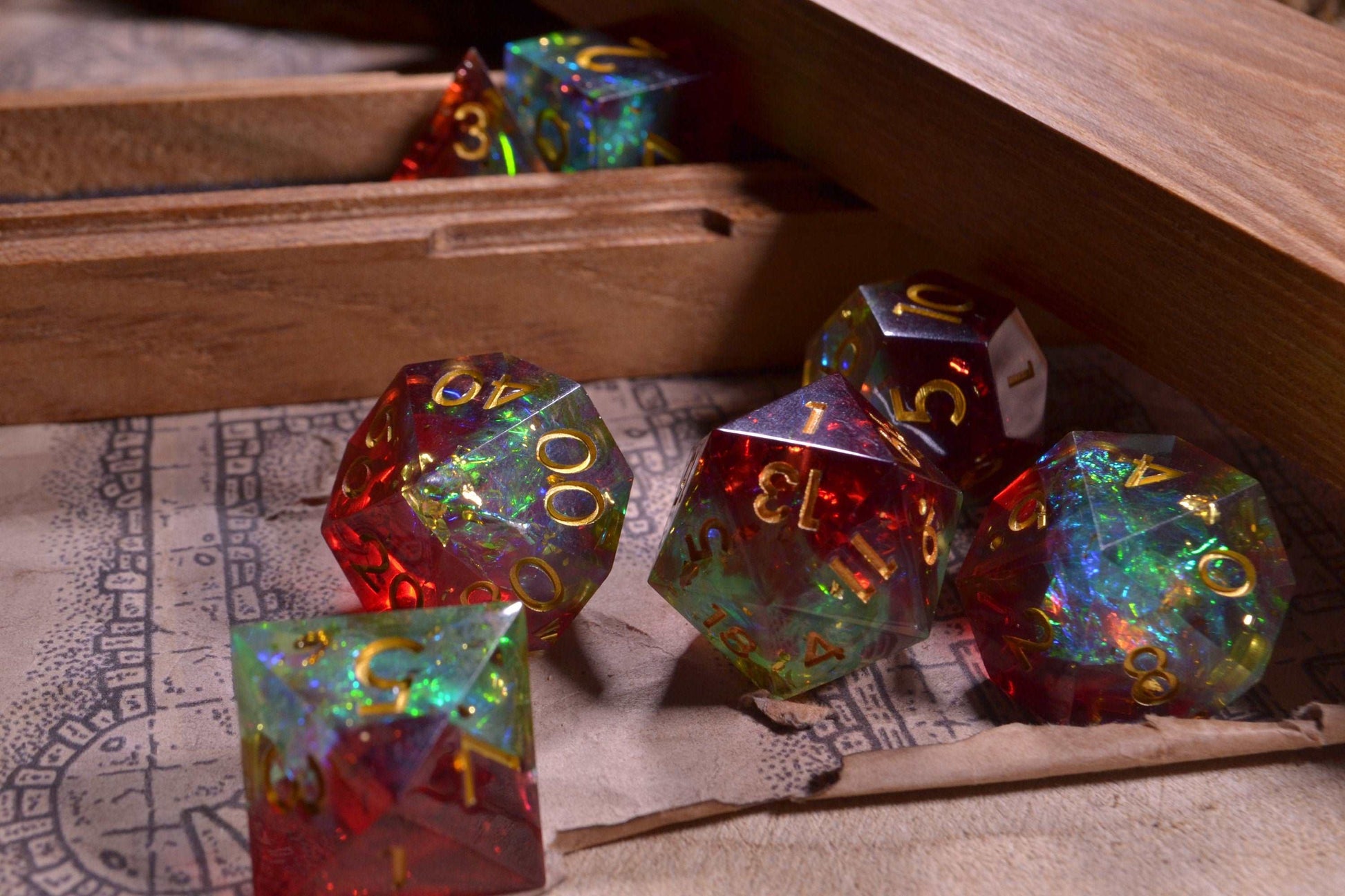 Fae Scorn Red and Green Sharp Edge Resin D&D Dice Set With Gold Numbering - For Dungeons and Dragons - Gift Set