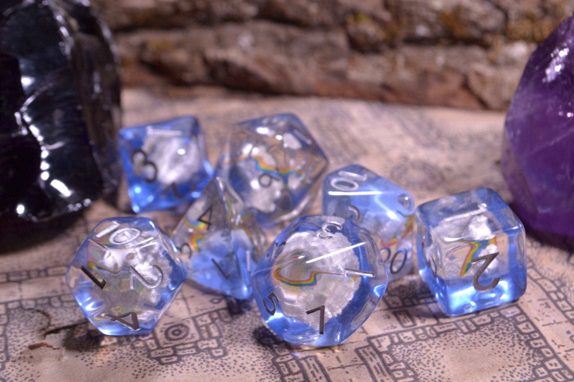 Beyond the rainbow - rainbow clouds Soft Edge Resin D&D Dice Set With Silver Numbering - For Dungeons and Dragons - Gift Set