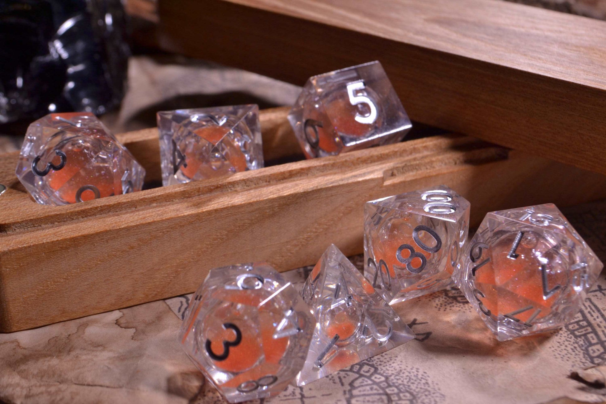 Peach Orange Sharp Edge Liquid Core Resin D&D Dice Set With Metallic Silver Numbering - For Dungeons and Dragons - Gift Set