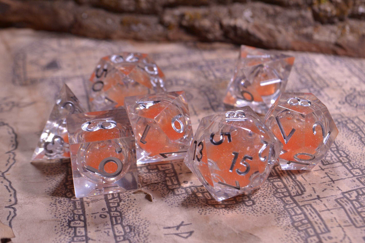 Peach Orange Sharp Edge Liquid Core Resin D&D Dice Set With Metallic Silver Numbering - For Dungeons and Dragons - Gift Set