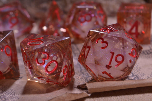 Sharp Edge Resin Dice - Liquid Core - Hellfire Red D&D Dice with Red Metallic Numbering - For Dungeons and Dragons - Gift Set
