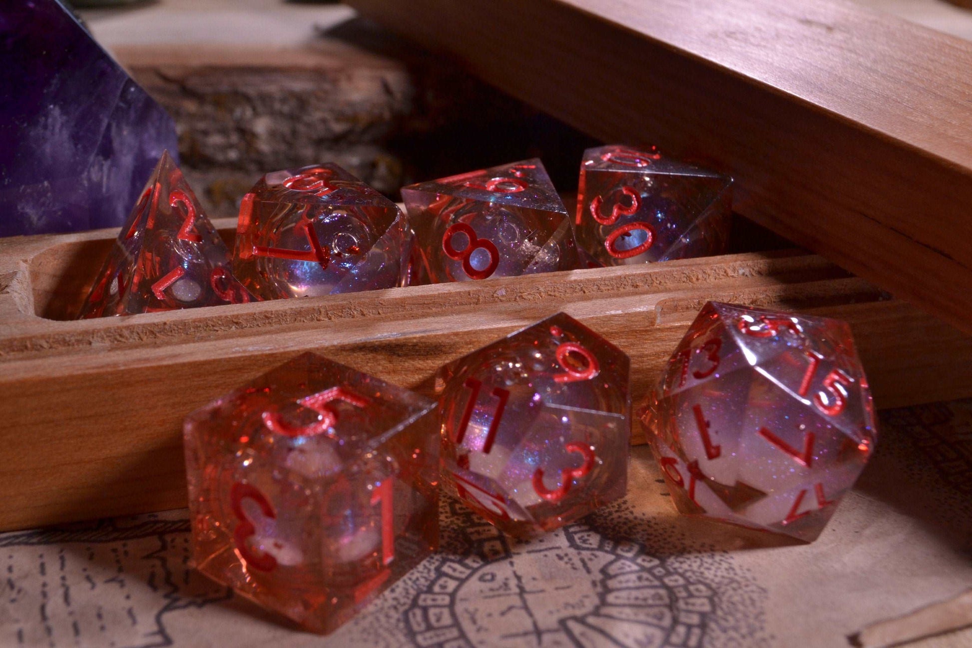Sharp Edge Resin Dice - Liquid Core - Hellfire Red D&D Dice with Red Metallic Numbering - For Dungeons and Dragons - Gift Set