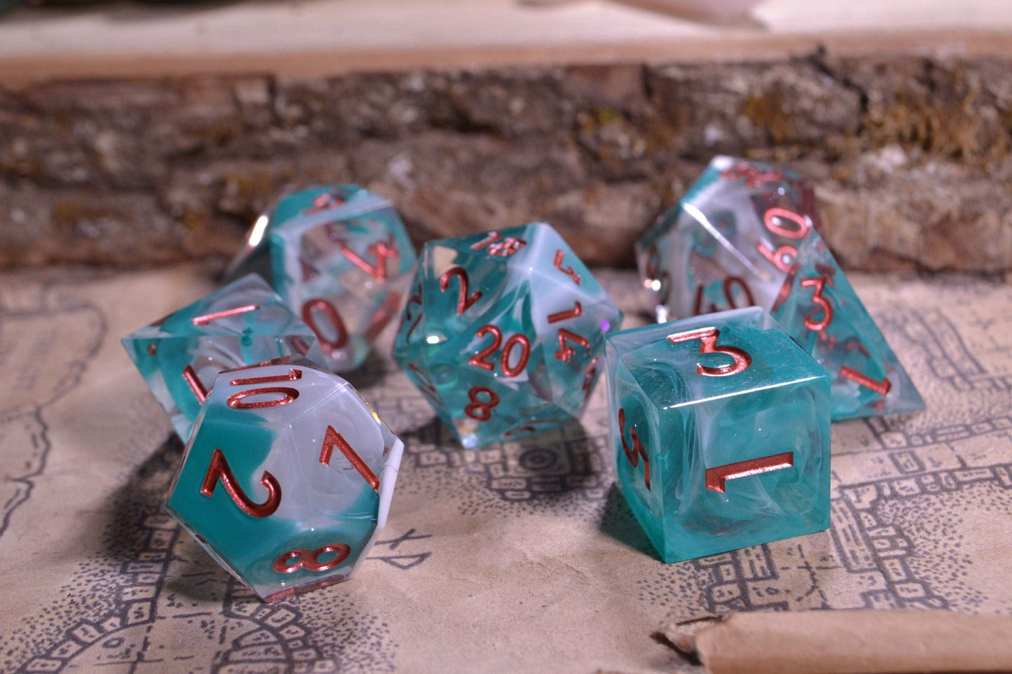 Neptune's Dream Sharp Edge Resin D&D Dice Set With Copper Numbering - For Dungeons and Dragons - Gift Set