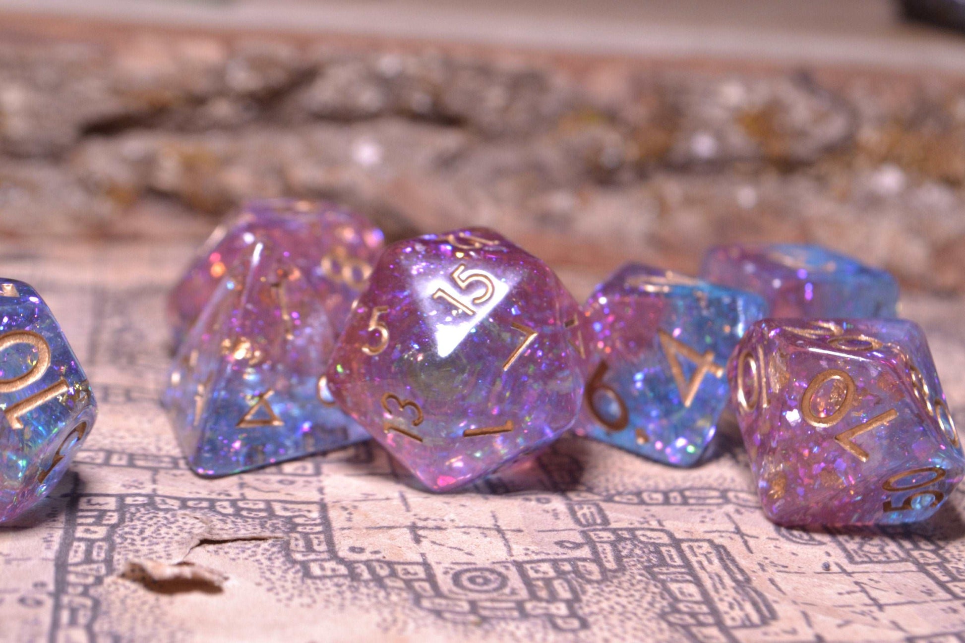 Nebula - Light Purple, Blue, Pink Soft Edge Resin D&D Dice Set With Metallic Gold Numbering - For Dungeons and Dragons
