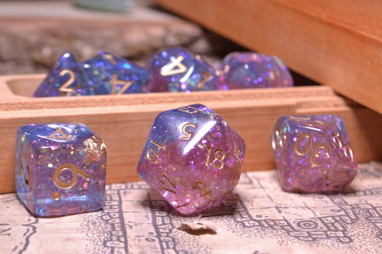 Nebula - Light Purple, Blue, Pink Soft Edge Resin D&D Dice Set With Metallic Gold Numbering - For Dungeons and Dragons