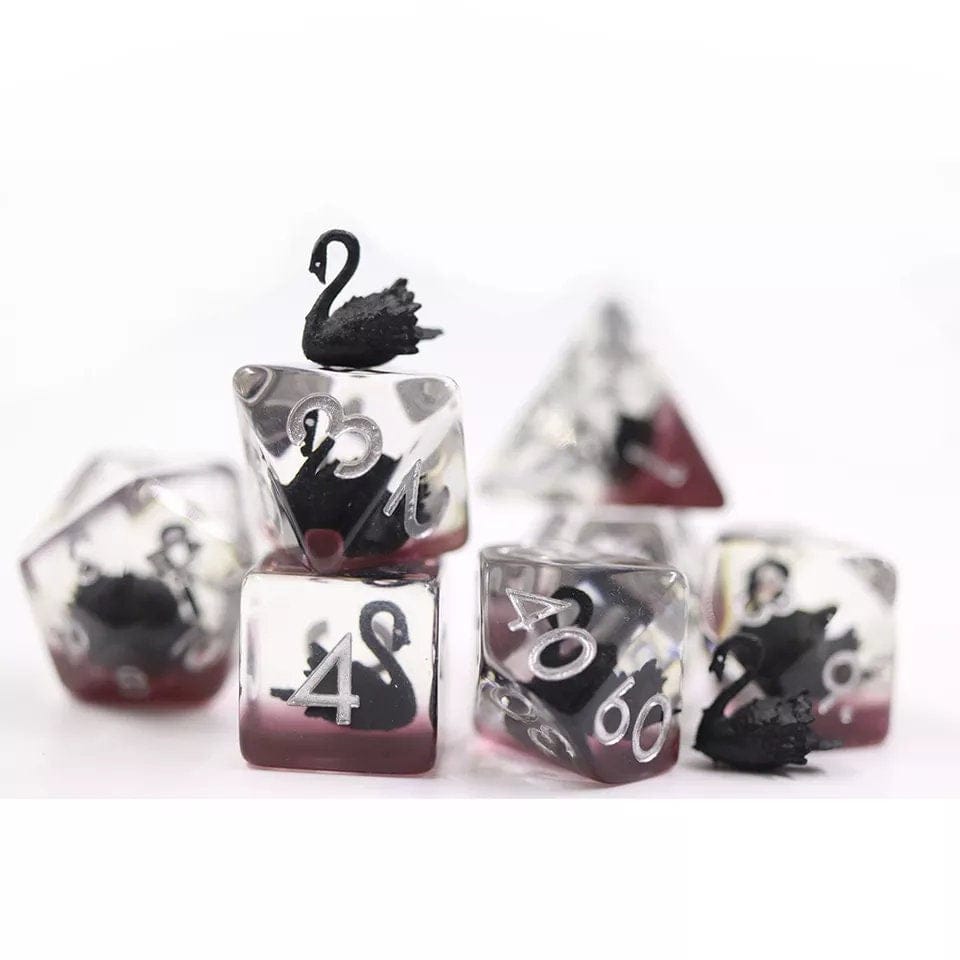 Ethereal Midnight - Black Swan Encased Soft Edge Resin D&D Dice Set With Silver Numbering - For Dungeons and Dragons - Gift Set