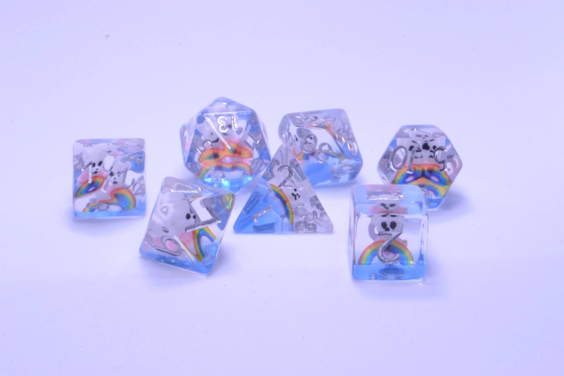 Rainbow Love - A Cute Teddy Bear Encased Soft Edge Resin D&D Dice Set With Silver Numbering - For Dungeons and Dragons - Gift Set
