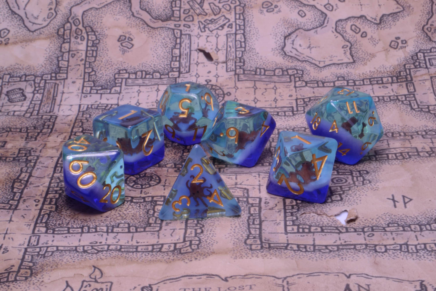 Coffee Kraken - A Friendly Octopus Encased Soft Edge Resin D&D Dice Set With Gold Numbering - For Dungeons and Dragons - Gift Set