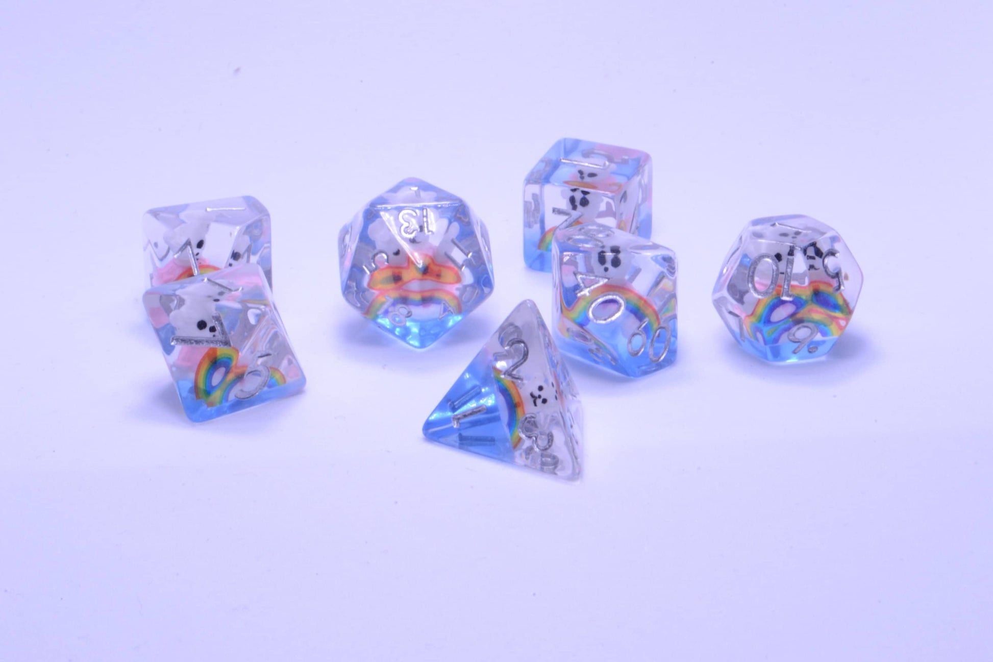 Rainbow Love - A Cute Teddy Bear Encased Soft Edge Resin D&D Dice Set With Silver Numbering - For Dungeons and Dragons - Gift Set