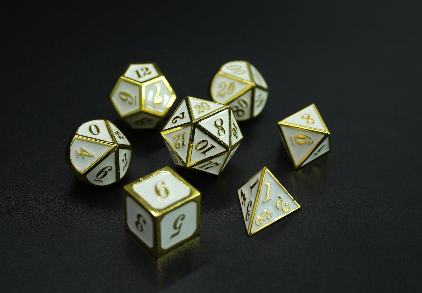 Gold Metal & White Enamel Dice Set, Metal Dice Set, Dungeons and Dragons, Pathfinder, DND Dice, Dice Set, Polyhedral Dice Set, RPG Dice Set