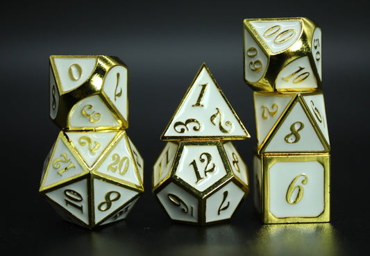 Gold Metal & White Enamel Dice Set, Metal Dice Set, Dungeons and Dragons, Pathfinder, DND Dice, Dice Set, Polyhedral Dice Set, RPG Dice Set