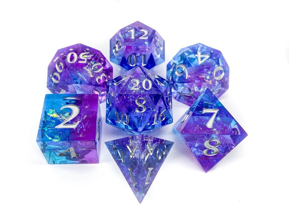Purple Blue Holographic | Sharp Edge Resin Dice Set | Dungeons and Dragons | Pathfinder | DND Dice | Dice Set | Polyhedral Dice | RPG Dice