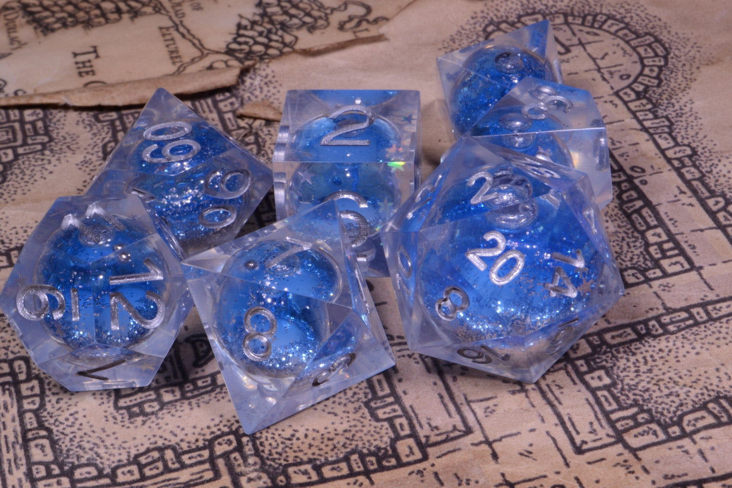 Blue Liquid Core Star Glitter | Sharp Edge Resin Dice | Dungeons and Dragons | Pathfinder | DND Dice | Dice Set | Polyhedral Dice | RPG Dice