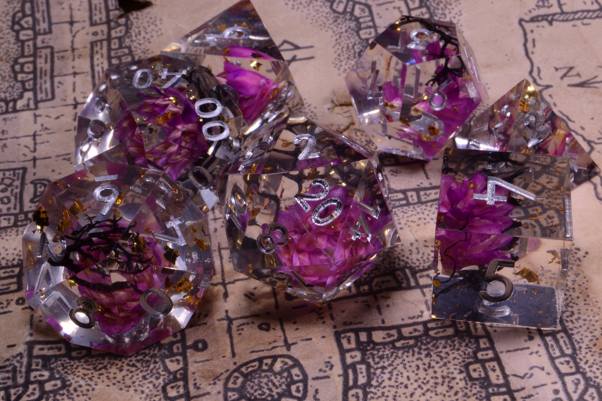 Everbloom Pink Flower Dice | Resin Dice | DnD Dice Set | Dungeons and Dragons  | Flower Dice Set | Sharp Edge | Resin Dice Set | RPG DICE